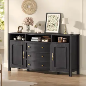 Sikaic Sideboard Buffet Cabinet with Storage, Curved with 3 Drawers, Table Coffee Bar Wine Bar Storage Cabinet for Dining Room, Living Room, Dark Gray