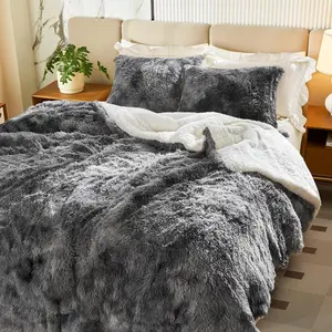 Faux Fur Shaggy Fluffy Comforter Full/Queen Size Mixed Black and White Hair, 3 Pieck Plush Flanner Sherpa Backing Microfiber Super Warm for Winter