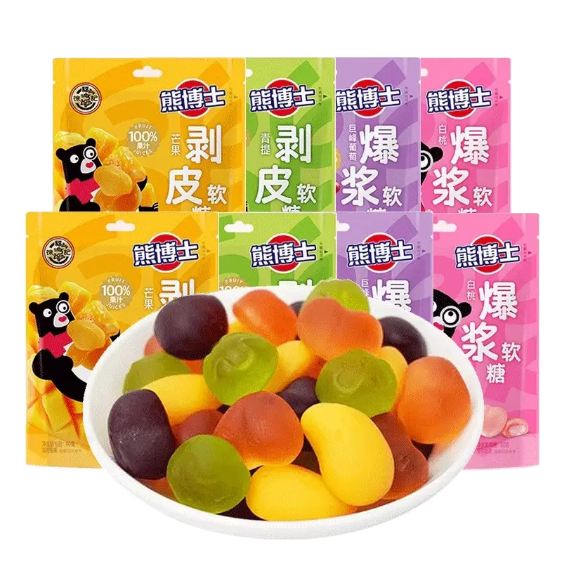 Xufuji Dr. Bear Peeling Gummy Candy. 100% Fruit Juice Gummy Candy with Exploding Pulp. 60g Children's QQ Rubber Gummy Candy in Fruit Flavors. Chinese
