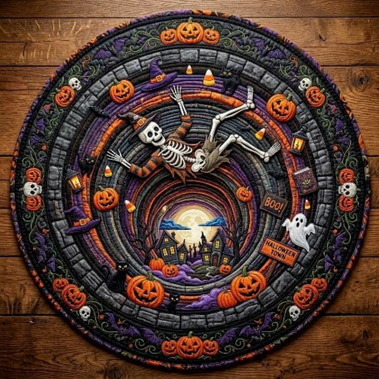 Skeleton Witch Falling Into Haunted Well Round Mat Rug - Nature Design | Serene Home Decor