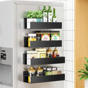 4 Pack Magnetic Spice Storage Rack Organizer for Refrigerator and Oven, Matt Black Fridge Organizers and Storage