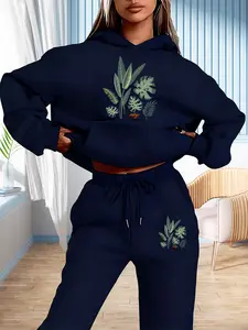 Forest Plant Theme Hoodie Set, Tropical Greenery Casual Wear, Loose Fit, All-Season Comfort, Daily Clothing