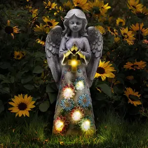 Angel Garden Figurine Outdoor Statue, Solar Garden Sculpture with 7 LEDs Welcome Sign  Praying Angel Art Decor for Patio Lawn Yard Porch Decoration, Housewarming