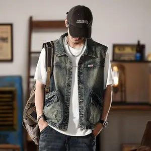 Autumn retro nostalgic denim vest men's Korean style loose fashion vest workwear dopamine vest jacket top casual
