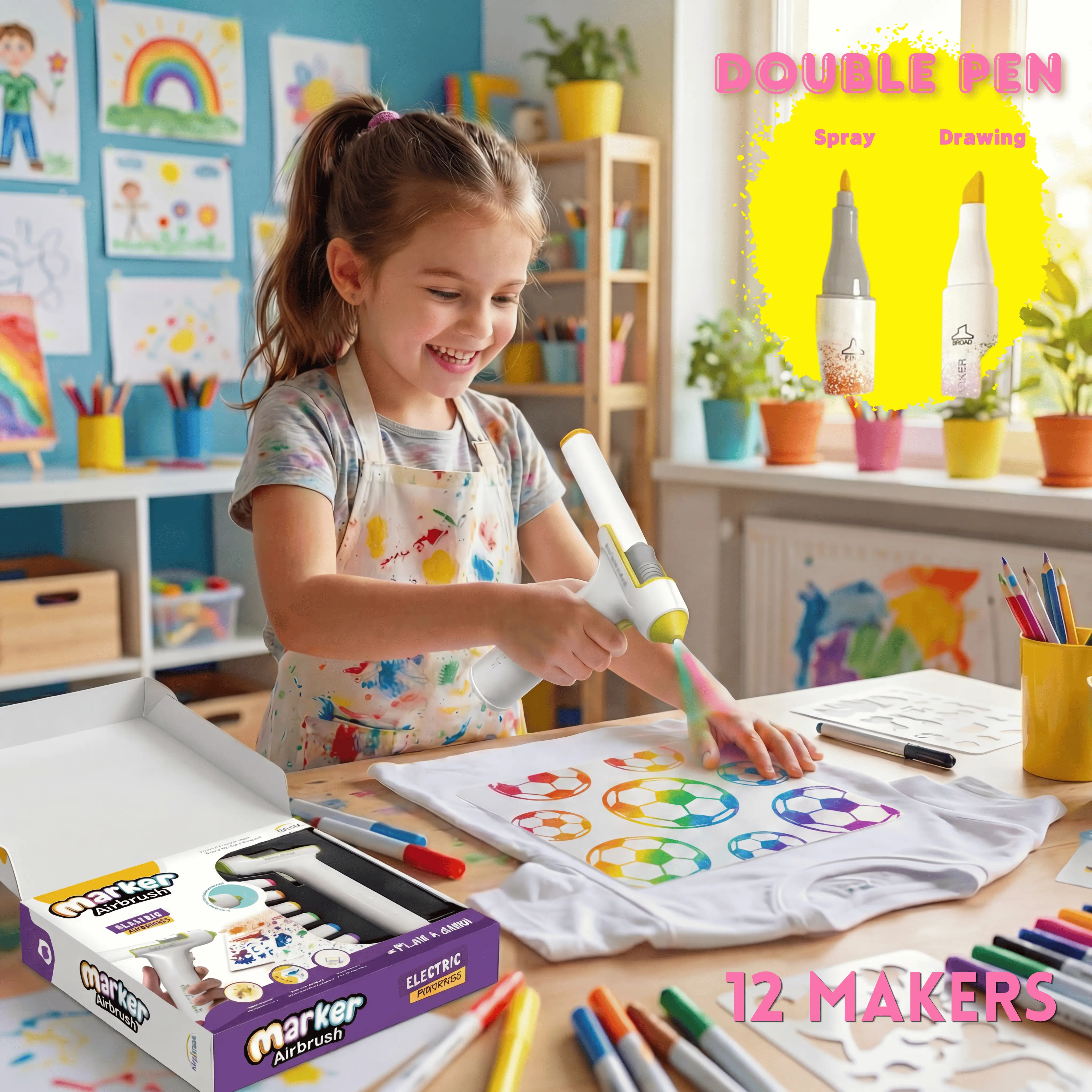 Cordless Rechargeable Battery Portable Unisex Airbrush Marker Sprayer Kit for Kids - 12 Washable Markers, 20+ Shape Stencil, Electric Blow Pen - Easter Baskets, Rainy Day Activities Arts & Crafts Gift for Ages 5-9, Boy, 12 Washable Colors