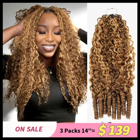 QVR Asian-Influence Seamless Burmese Curly Crochet Human Hair Extensions, #P4/27 Highlight Hair Bundles, 2-Piece Easy Fit Machine-Made Blend Hairpieces