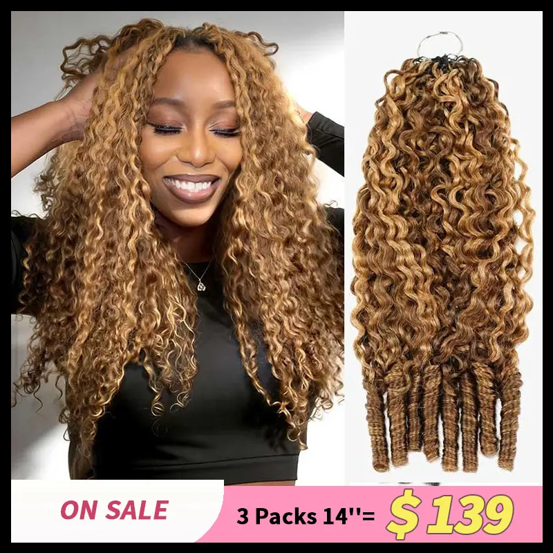 QVR Asian-Influence Seamless Burmese Curly Crochet Human Hair Extensions, #P4/27 Highlight Hair Bundles, 2-Piece Easy Fit Machine-Made Blend Hairpieces