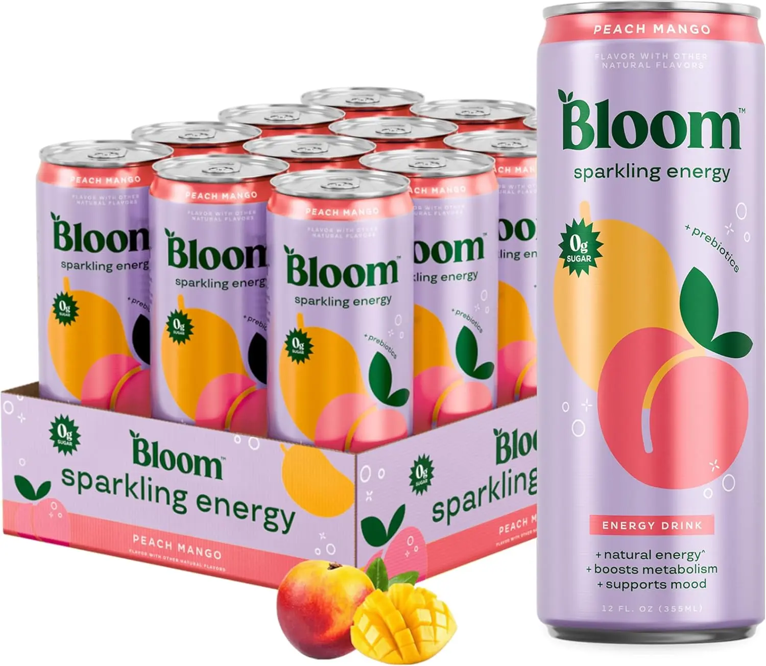 Bloom Nutrition Sparkling Energy Drink 12 Pack, 12 fl oz Cans, Zero Sugar, 180mg Natural Caffeine, Green Tea & Green Coffee Bean Extract, Prebiotic Sparkling Beverage