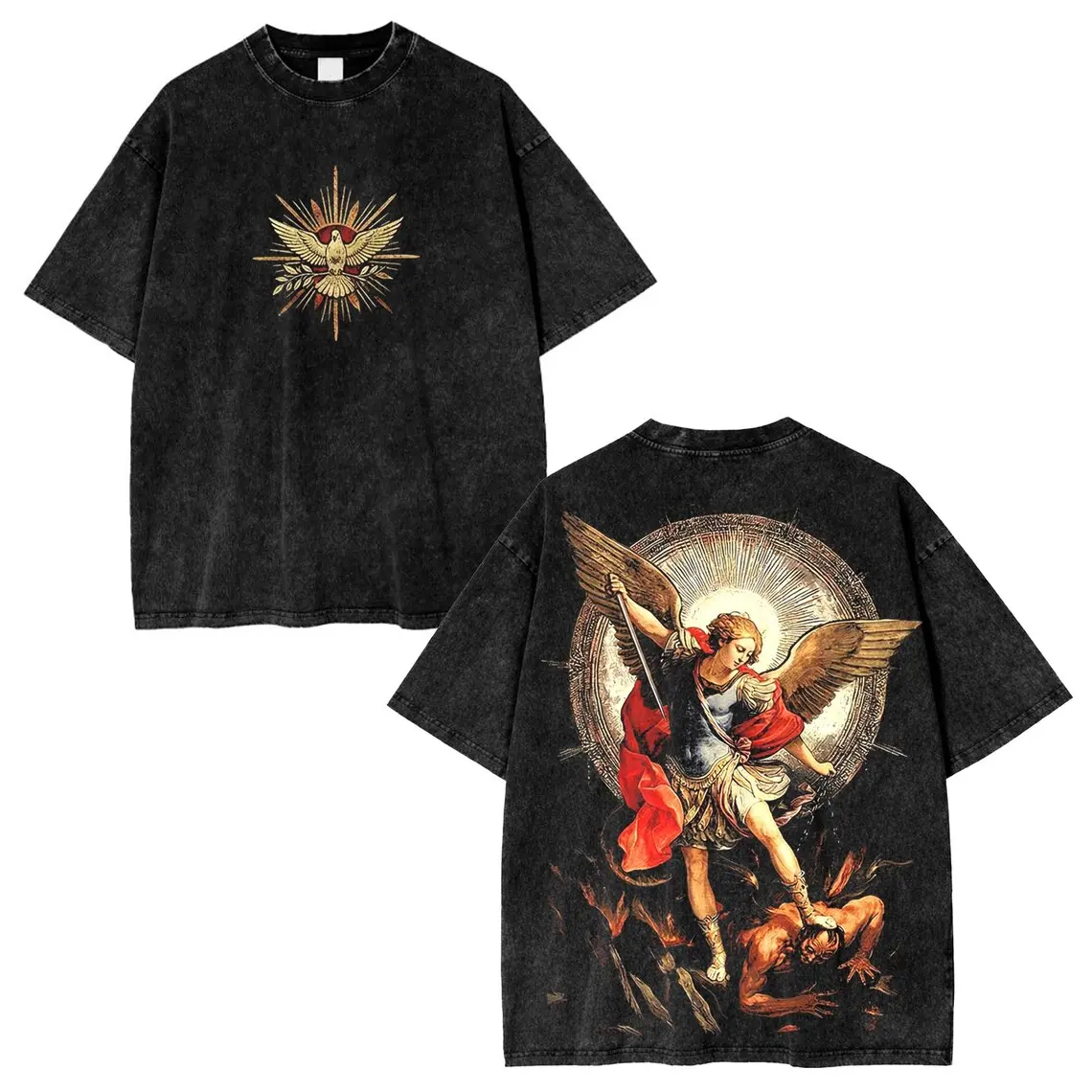 Vintage Archangel Graphic T-Shirt for Men, Distressed Saint Michael Pure Cotton Menswear Top with a Fitted Cut, Sport, Shortsleeve, Festive, Foldable Tee, Round Neck, Sport Look, Clothes, Casual, All Seasons, Christmas, Crew Neck, Figure, Hand Wash Only,,