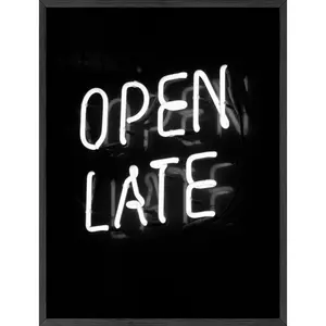 B&W Open Late Neon Sign  - Artistic Wall Decor Print for Room Aesthetic and Vibe