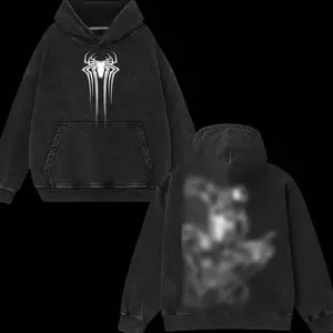 Superstyle Collection Friendly Neighborhood Symbiote Black Suit Spidey Hero MCU Edition Double Printed Oversize Lightweight Acid Washed Tee Hoodie Sweater Series Graphic Design Top Cotton Streetwear Comic Superheroes Hoodie Clothes Menswear Womenswear 0R8