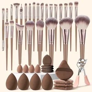 42Pcs Brown Makeup Brush Kit with Mini and Standard Makeup Sponges,Triangle Puffs,Mini Thumb Puffs,Eyelash Curler,Perfect for Special Occasions,Full Makeup Coverage