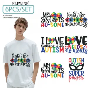 6Pcs Autism Gold Foil DTF Transfer Heat Transfer Vinyl for Tshirt Hoodie Jeans Backpack Pillow Machine Washable Festival Gift Creative Unisex Decals