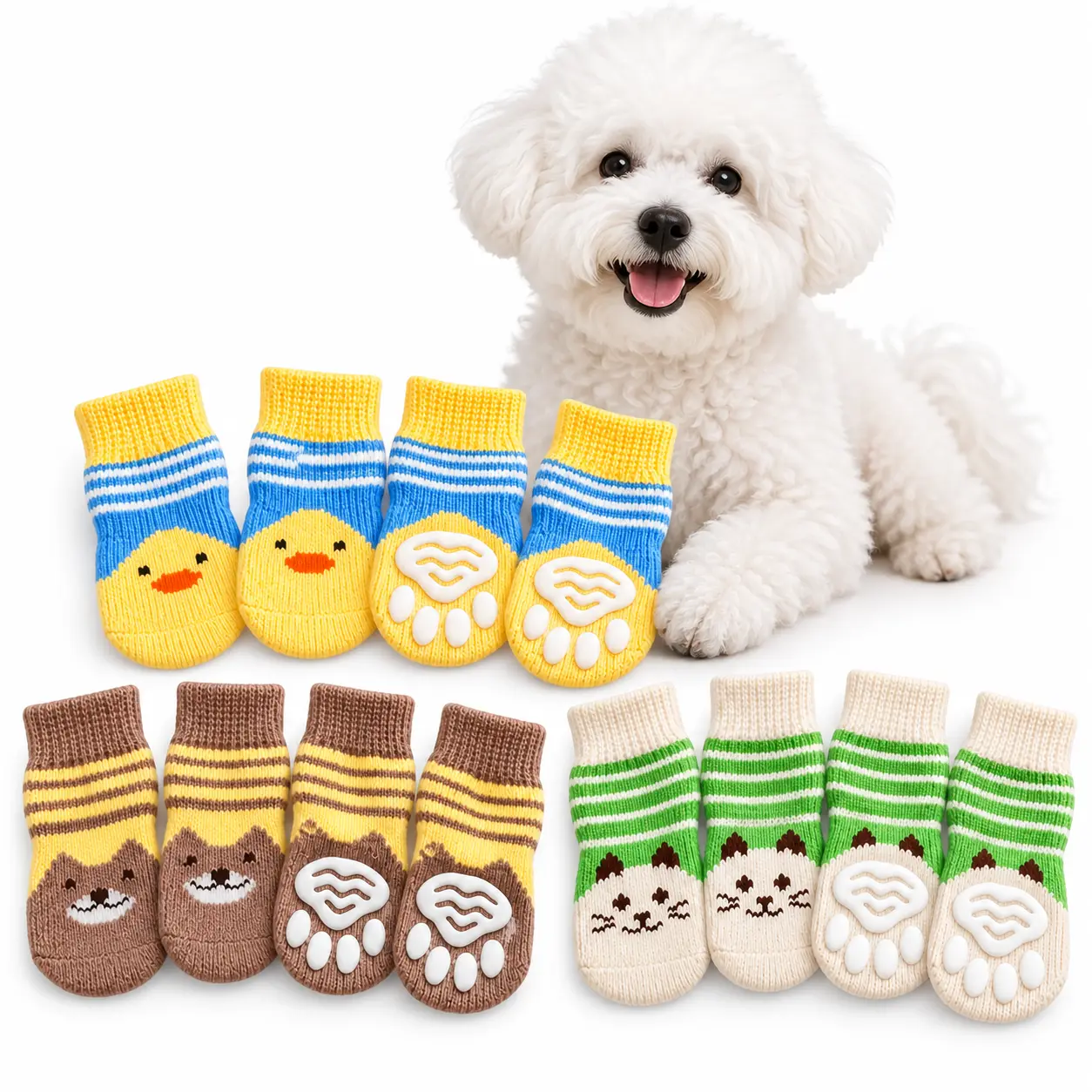 3 Sets / 12 Pieces Cute Cartoon Non-Slip Pet Socks, Breathable Paw Protectors for Dogs & Cats, Helps Prevent Paw Licking, Comfortable Indoor & Outdoor Pet Shoes for All Seasons
