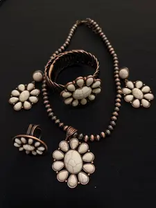 Southwestern Genuine Turquoise & White Matrix Stone Squash Blossom Set - 013