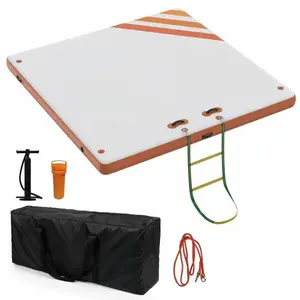 Heavy-Duty Non-Slip Inflatable Floating Dock Platform – Portable Air Dock Island Raft for Lake, Pool, Beach, Yoga, Fishing, Lounging – PVC Gradient White & Orange-Red – Size: 10x10/8x6 FT, Gradient Edge