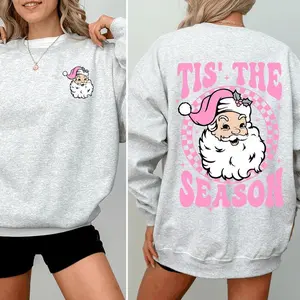 This is the season, vintage Santa Claus, pink, checkered, Christmas, front and back sportswear, round neck, women's, round neck