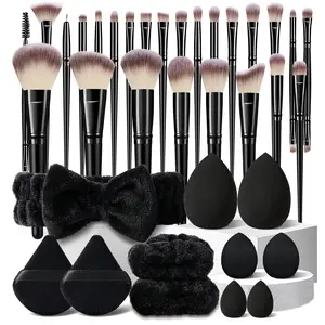 Luxury 36-Piece Makeup Tool Set, Includes 25Pcs Black Multi-functional Brushes & Triangle puff & Blending Sponges & Mini Makeup Puff & Hairband & Wristbands, Foundation Make up Brushes Kit with Makeup Accessories for Women and Girls