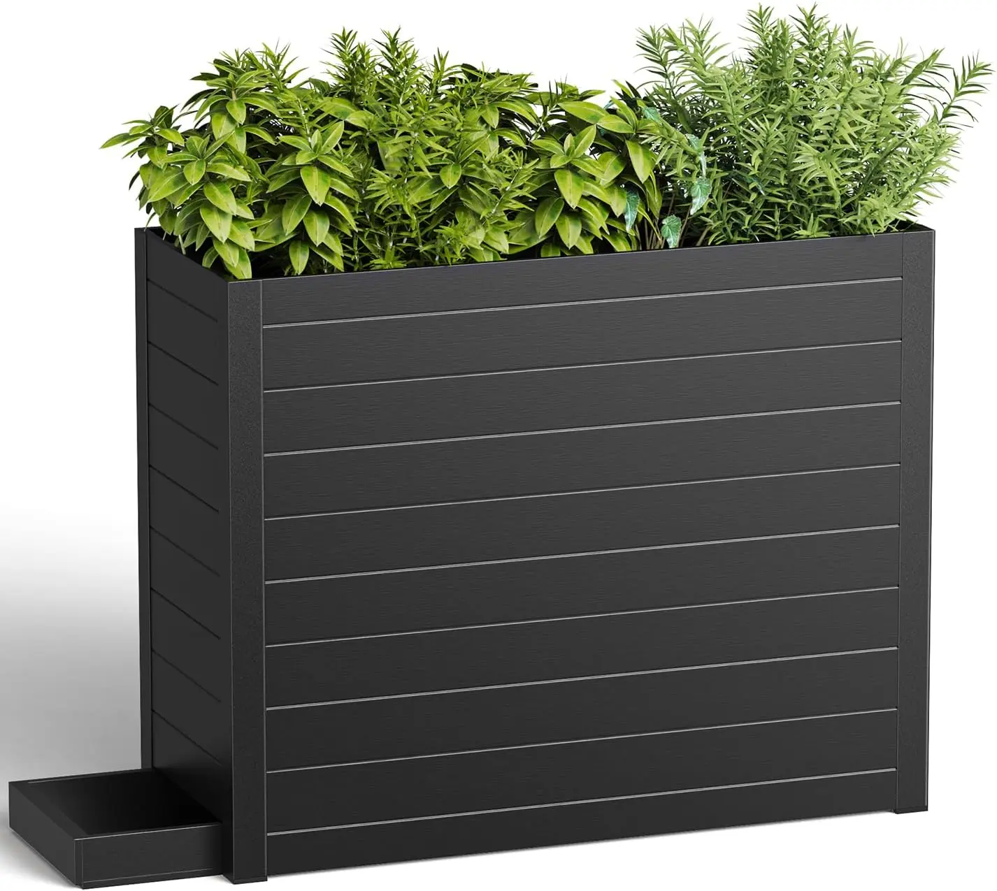 Large Rectangular Planter Box with Drain Tray, All-Weather Outdoor Planter with Drainage Holes & Adjustable Dividers, Black HIPS Garden Container for Patio Balcony Plants Trees Flowers