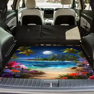 Tropical beach night sky pattern design, Car accessory, multifunctional car trunk mat, polyester fiber material, trunk decoration mat, durable, easy to clean, protecting the car from wear and tear, compatible with most car models