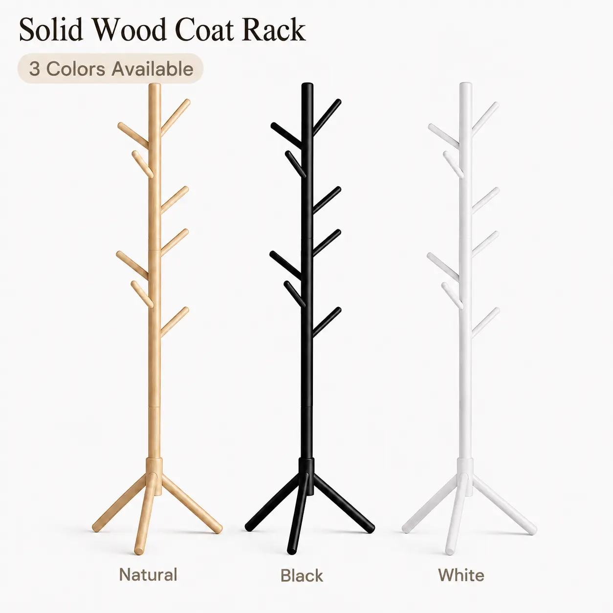Durable Solid Wood Freestanding Coat Rack - 8-Hook Modern Coat Tree, Entryway Clothes Hanger for Bedroom, Hallway, Flush Mount