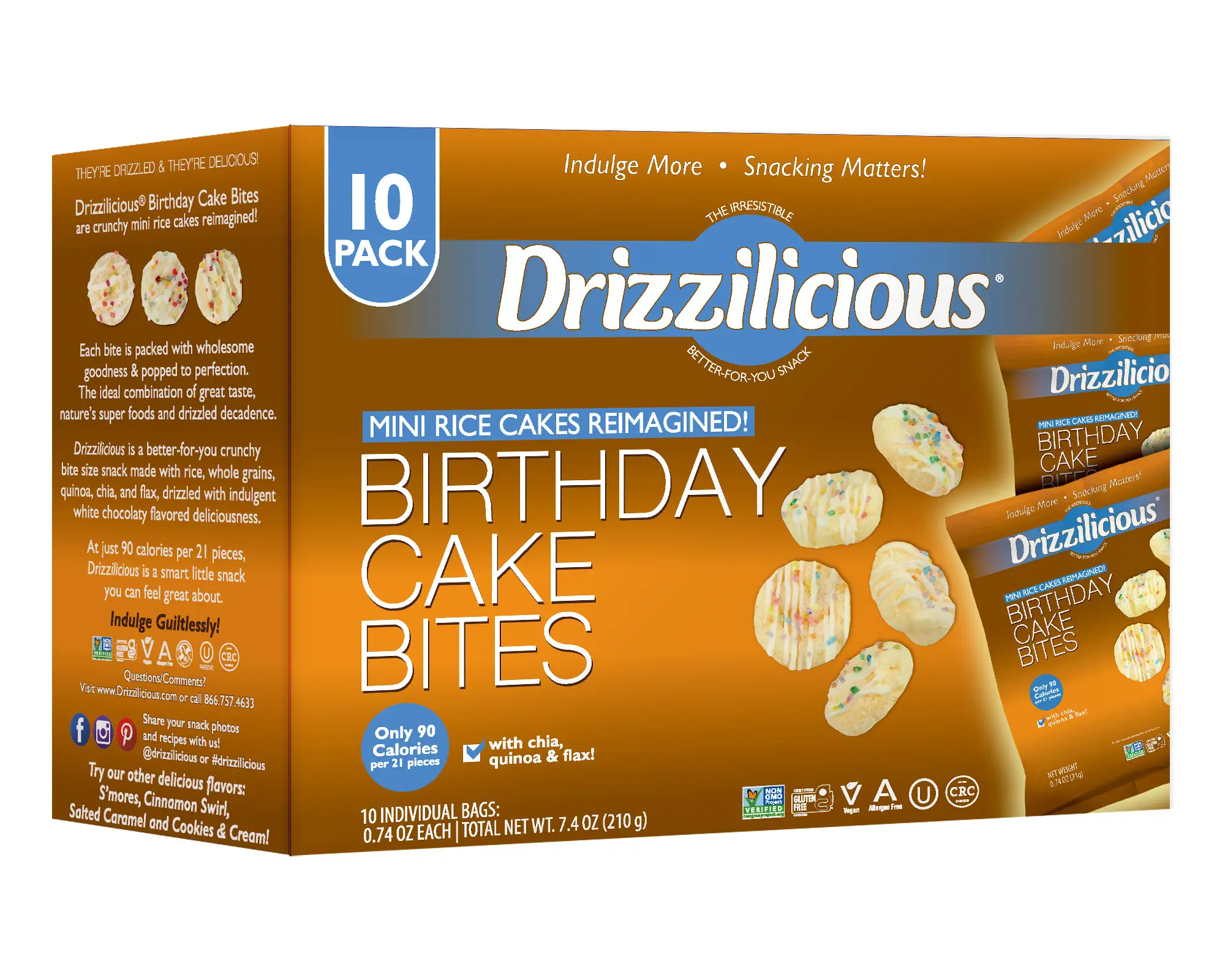 Drizzilicious Birthday Cake Mini Rice Cakes - Gluten-Free, Vegan, Crunchy & Healthy Snack, 90 Calories per Bag, 0.74 oz (Pack of 10)