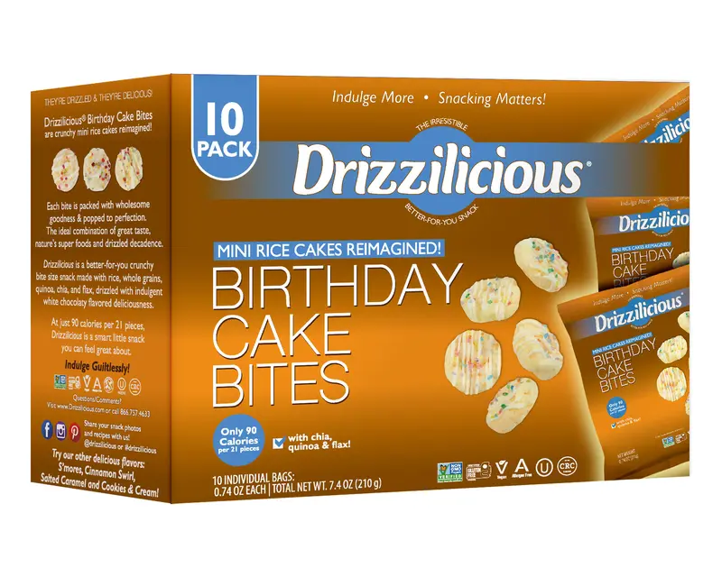 Drizzilicious Birthday Cake Mini Rice Cakes - Gluten-Free, Vegan, Crunchy & Healthy Snack, 90 Calories per Bag, 0.74 oz (Pack of 10)