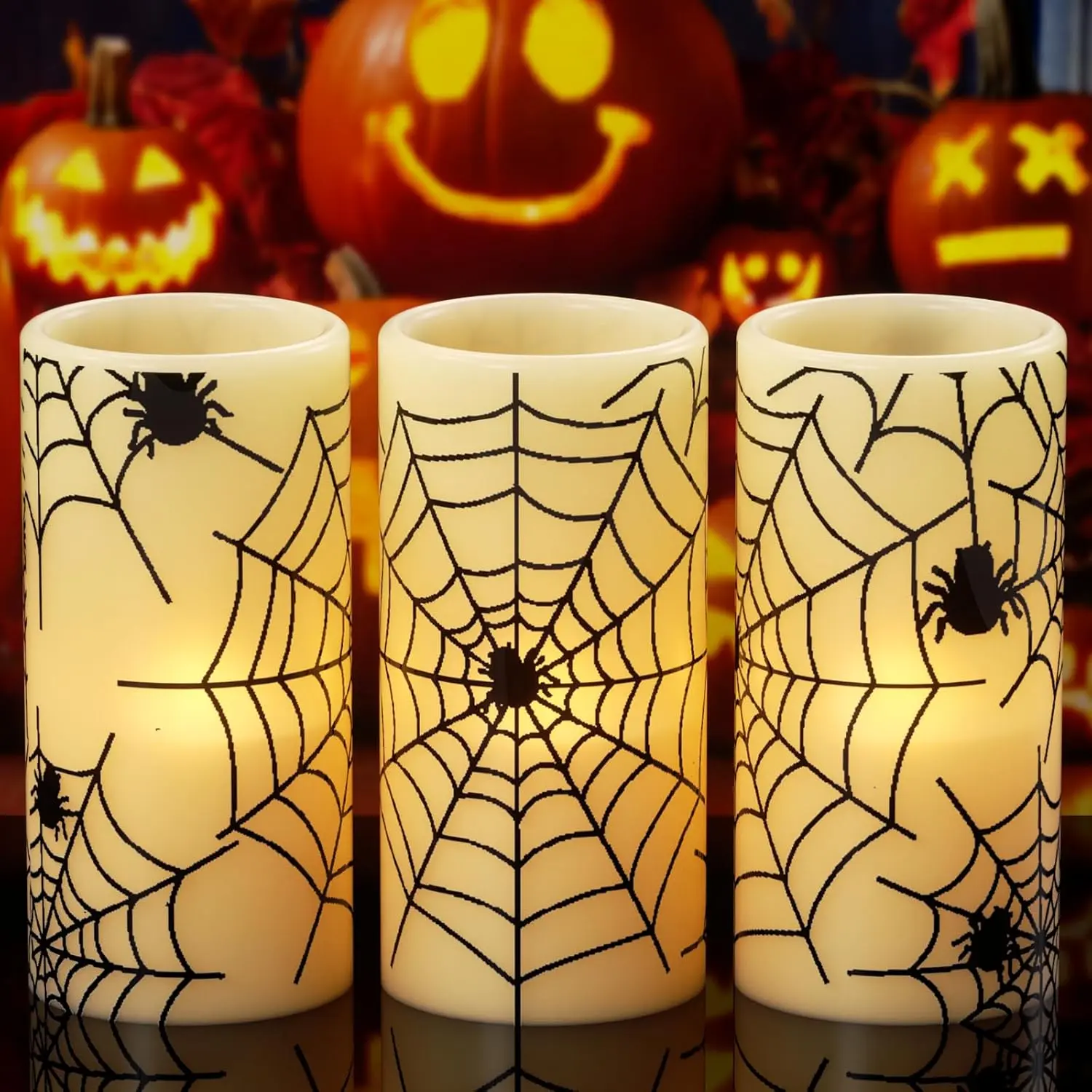 Halloween LED Flickering Flameless Candles  Operated with Spider , 3 count Pillar Candlestick Real Wax with 6H Timer for Decoration