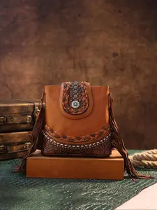 Women's Vintage Style Pu Leather Crossbody Bag, Large Capacity Tassel Decor for Daily Used, Casual Trendy Versatile High-quality Daily Commuting Bag, Girl Fashionable Shopping Bag, Boho Style Crossbody, Fashionable Bohemian Bag