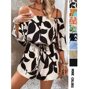 Women's Leaf Print Off Shoulder Tie Front Romper, Casual Flounce Sleeve Romper for Summer, Fashion Women's Clothing for Beach Holiday Vacation Jumpsuit