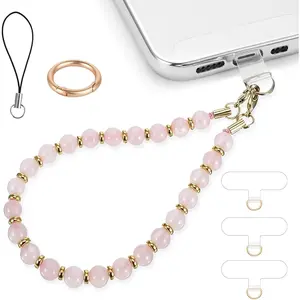 Phone Charm Wrist Strap Marble Beaded Chain Detachable Bracelet Lanyard Hand Wristlet Strap Fashion Accessories Finger Grip with 3 Tether Tab for Women Girl Universal for  16 Pro Max Rose Quartz