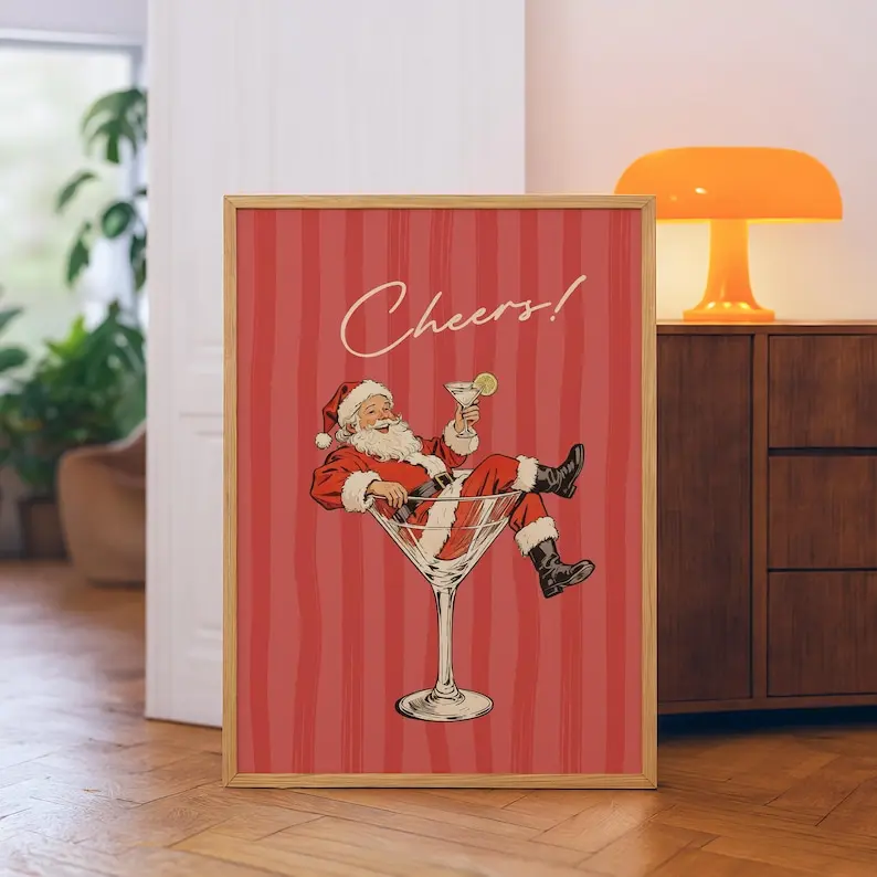 Retro Cheers Santa Claus Poster, Trendy Red Santa Martini Bar Cart Decor, Funny Christmas Wall Art, Vintage Holiday Cocktail Print, poster [NO FRAMED]