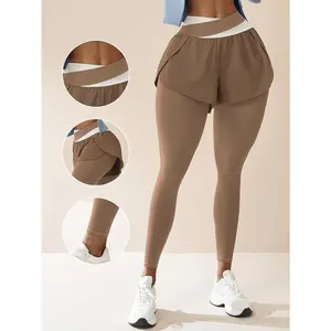 FakeTwo-PieceSportsPantswithColorBlockDesignandBuilt-inPockets,HighWaistHipLiftFitnessYogaLeggings,SuitableforCycling,Waistband