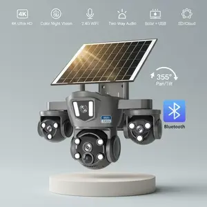 Outdoor Solar Security Camera 4K Triple Lens 355° Pan Tilt Color Night Vision Two Way Audio WiFi SD Cloud Storage Solar Panel USB Charging Easy Setup for Home Garden Yard 2.4G WiFi Connection.(No card, no plug)