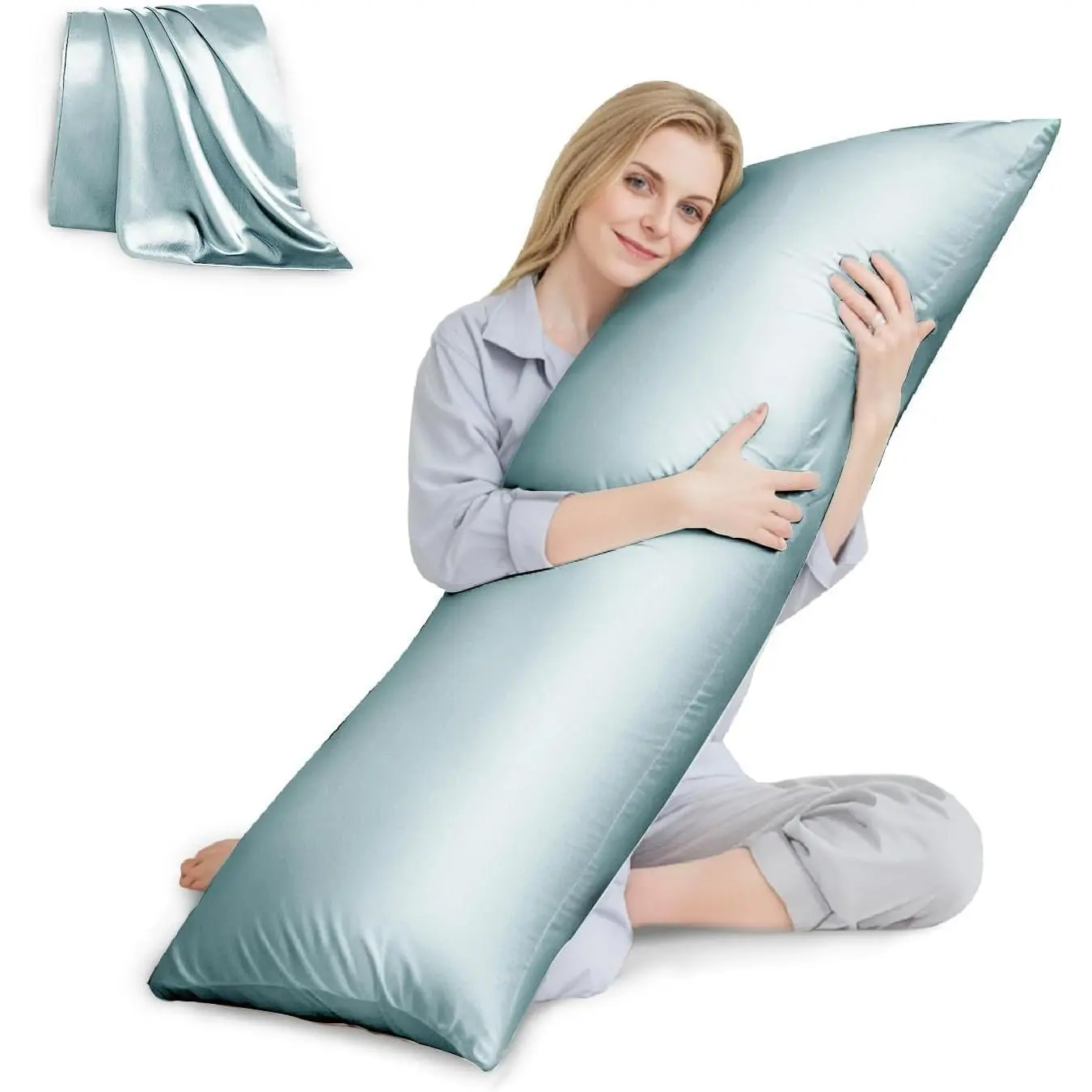 Long Shape Side Sleeper Pillow with Durable Synthetic Fill, Cooling Adult Pillow, Removable Satin Pillowcase with Envelope Closure, Ice Blue (20"x54")