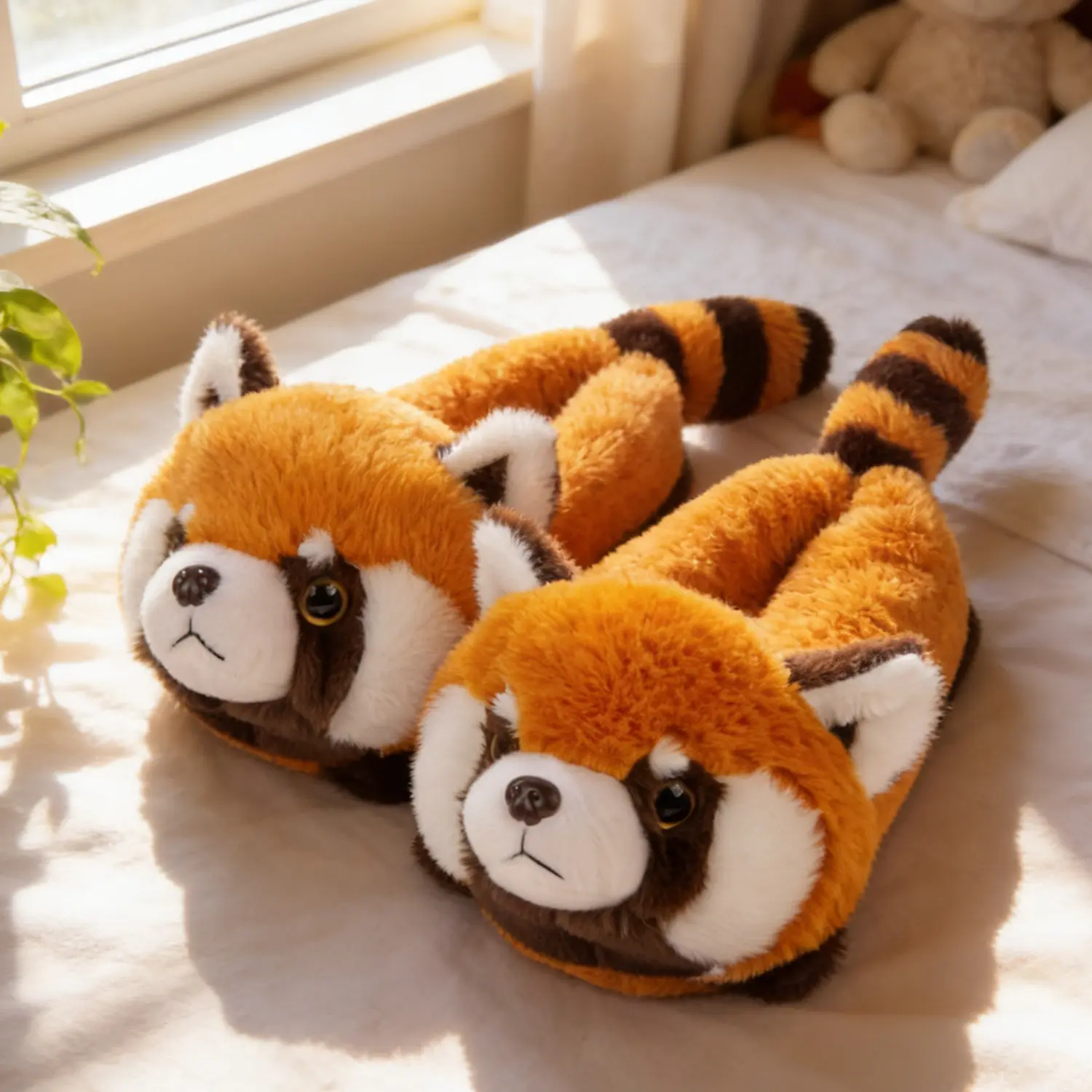 Women's Cute Red Panda Plush Home Slippers - Animal Face Design, Cozy Fabric, TPU Sole, Ideal Gift for Women, Shoe, Footwear, Slip On, Indoor Shoes, Playful Look