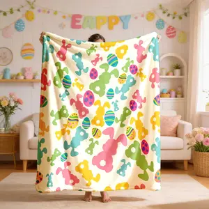 Easter Bunny & Egg Cartoon Print Flannel Blanket, Large Size, Soft Lightweight Warm, Perfect for Bed Sofa Office Camping Travel Gift