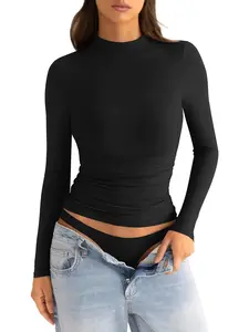 EasyGala Women's Mock Neck Long Sleeve Shirts Ruched Double Lined Top Fit Tight Turtleneck Tee Fall Clothes 2024 Black Casual Elegant Fashionable Y2K Style