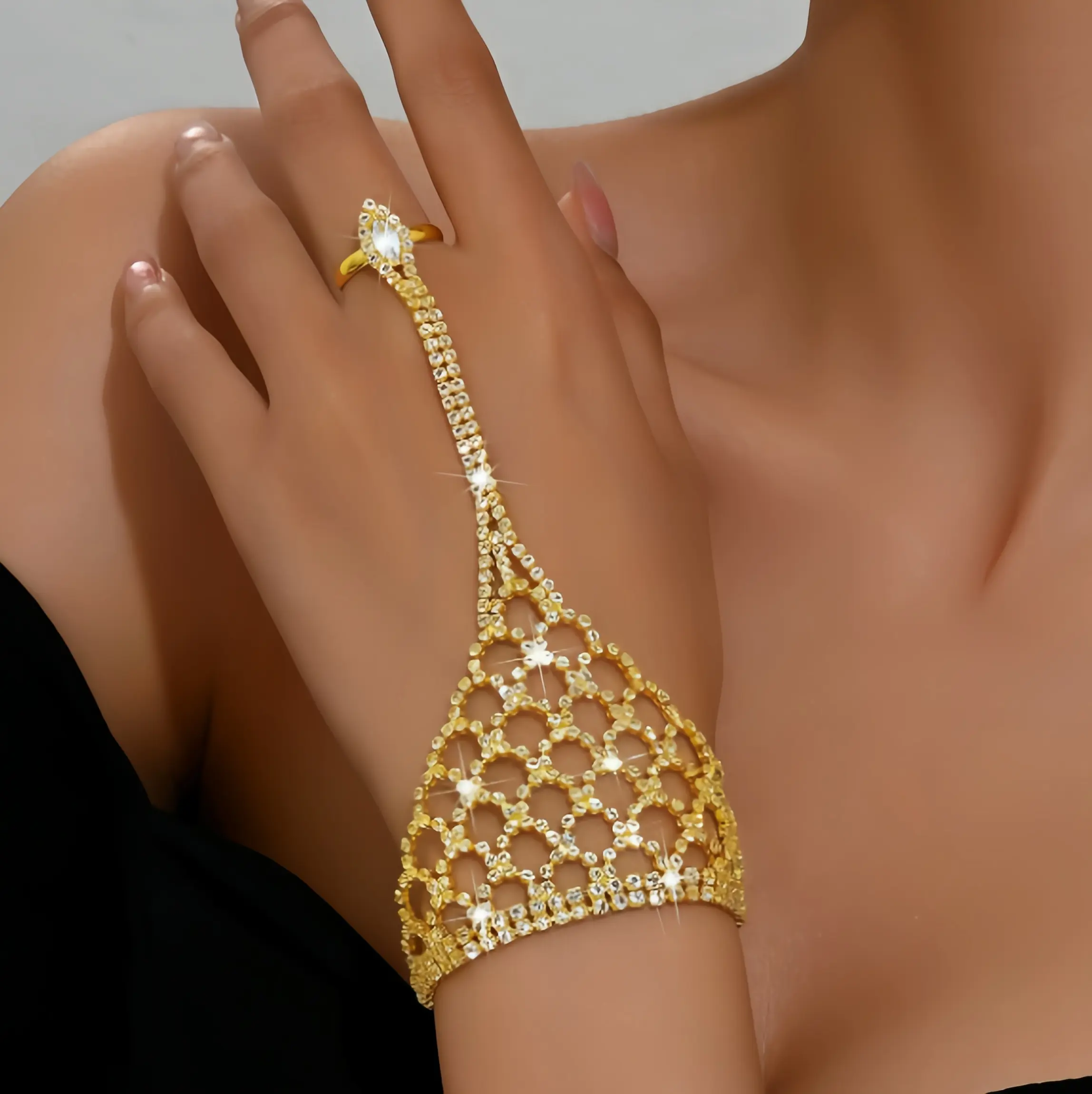 Women's Glamorous Statement Bracelets & Bangles, Plated Metal Slave Bracelet with Ring and Mesh Chain Detailing for Parties, Silver Hand Chain, Crystal Mesh, Gold, Black Hand Chain