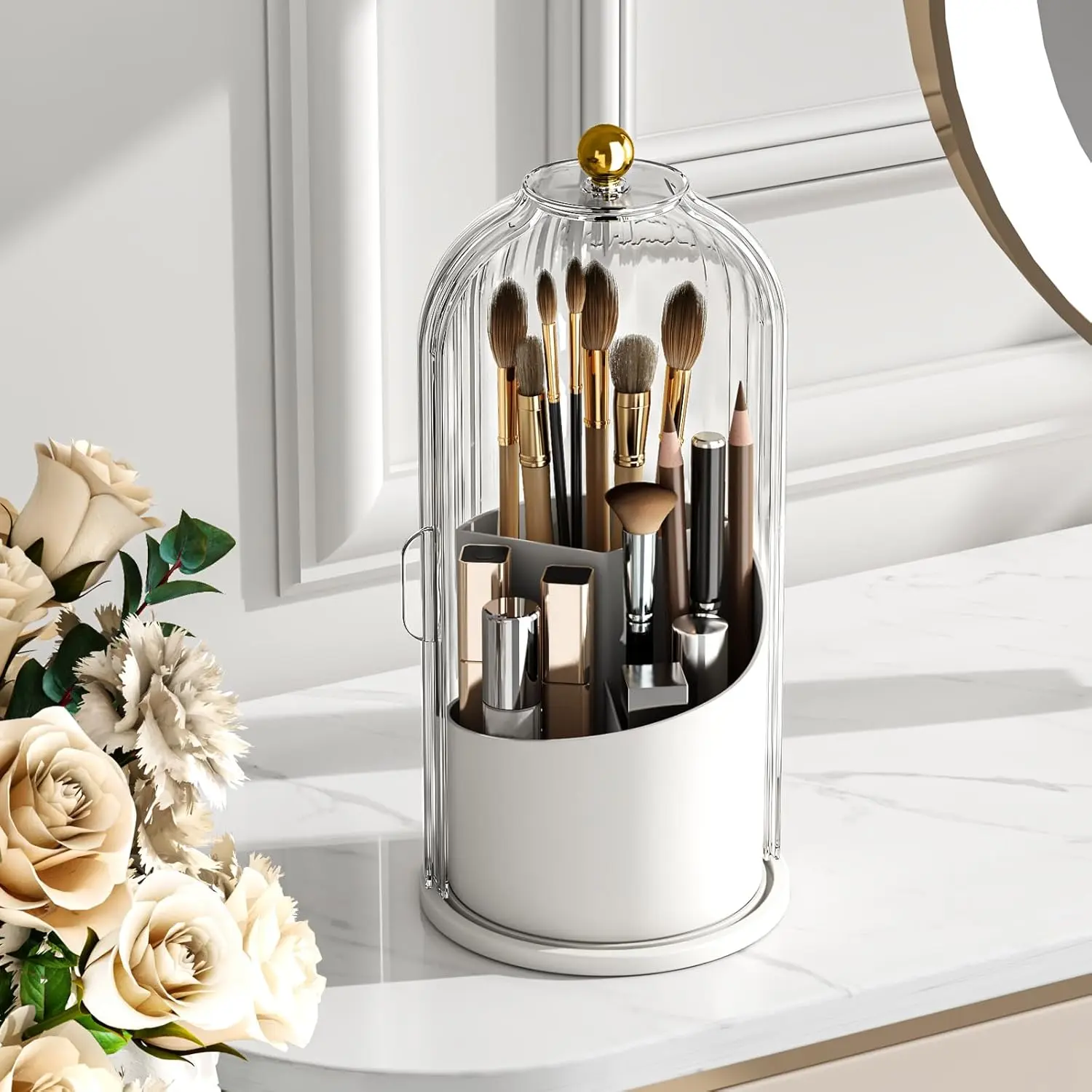 1-Tier Irregular Cosmetics Organizer - Classic 360-Swivel Transparent Single Unit Brush Storage with Lid, Rotating Base, Waterproof & Dustproof Compact Vanity Home Organizer Container