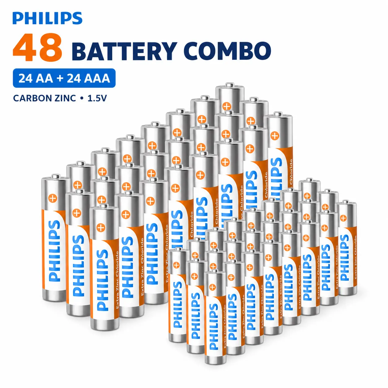 PHILIPS Carbon Zinc AA & AAA Batteries, 48 Pack (24 AA + 24 AAA), 1.5V Non-Rechargeable Household Battery Combo for Everyday Devices