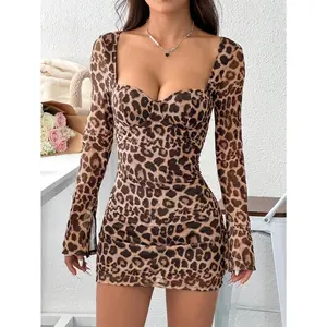 Women Leopard Print Sweetheart Neck Flare Sleeve Bodycon Going Out Dresses