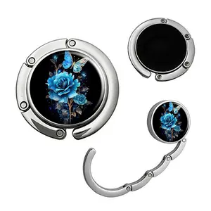 Blue Roses And Butterflies Foldable Folding Purse Hook,Womens Bag Purse Hanger,Purse Holder Handbag Hanger Desk Table Bag Hooks for Women Bag