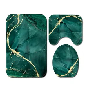 3PCS Green Marble & Golden Bath Rug Set, Fleece Non-Slip Absorbent Mat, Includes U-Shaped Rug and Toilet Lid Cover for Decor