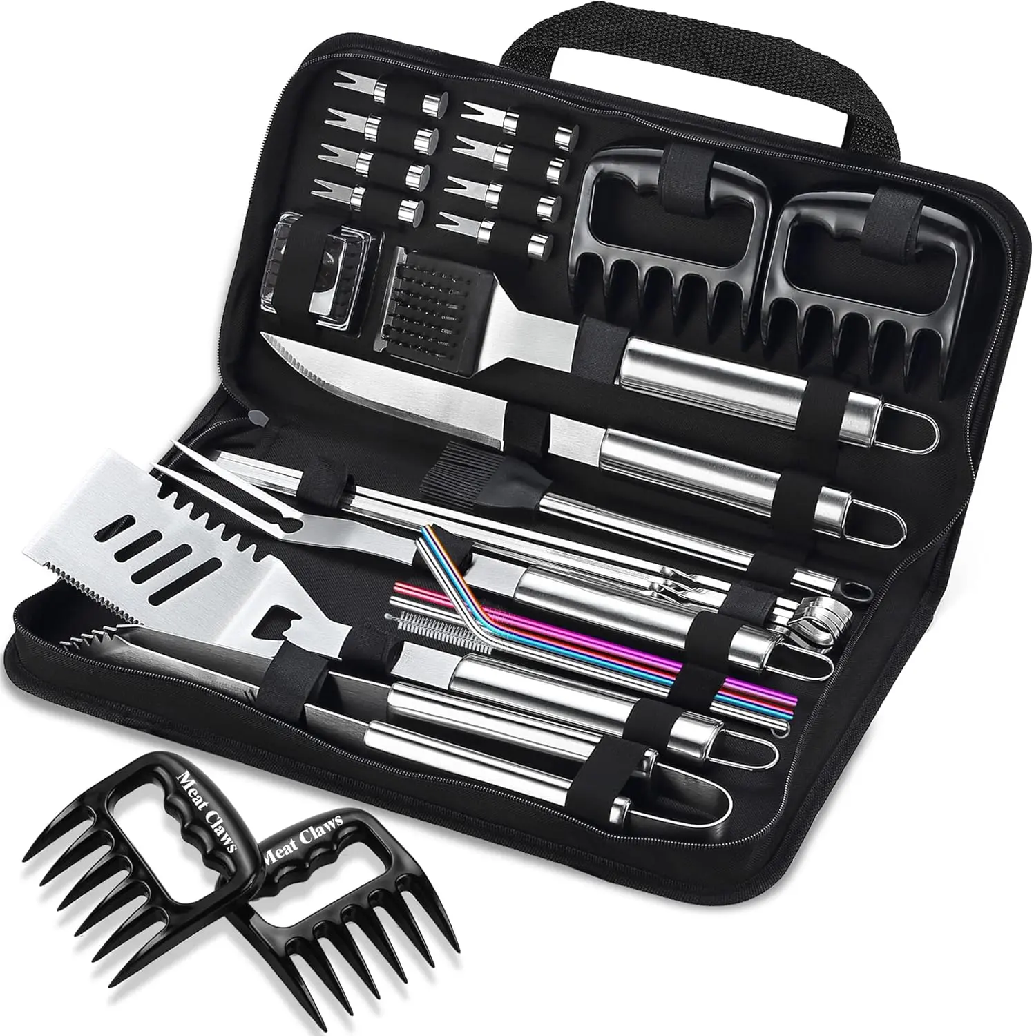 27-Piece Sturdy Stainless Steel BBQ Utensils Kit - Handy Heavy-Duty Grilling Equipment for Backyard Chefs, Thick Handles, Skewer, Meat Claws, Lightweight Bag, Includes 2 Rainbow Straws, Indoor-Outdoor Use, Father's Day Dad Gift, Fathers Day Gift