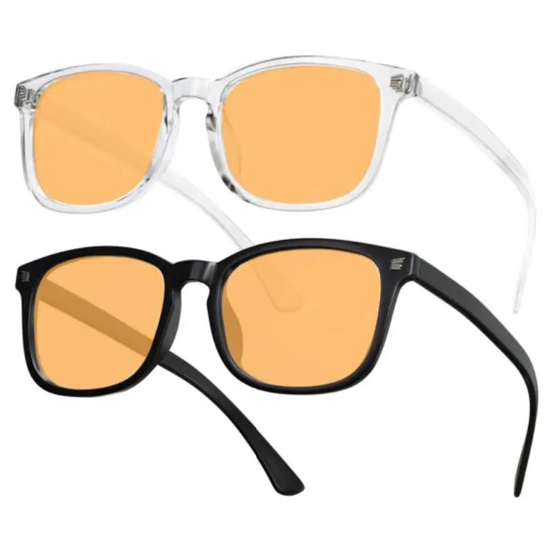 2 Pack Square Frames Eyeglass Set for Adults, Casual Stylish Eyewear with Blue Light Blocking Orange Lenses, Flexible Nylon Glasses for Gaming and Computer Use, Square Glasses Set