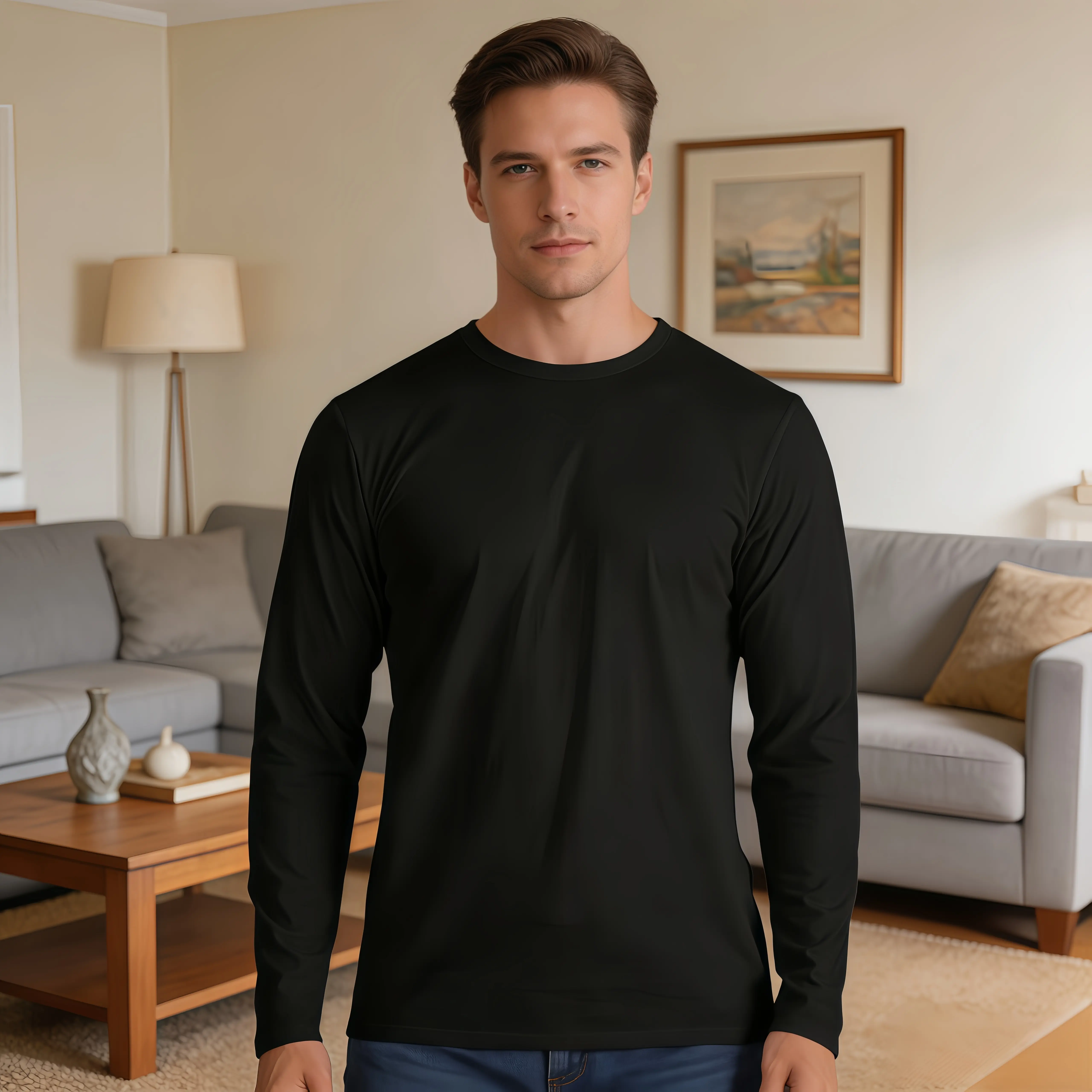 Mid Year Special Tee | Men's Black Crew Neck Long Sleeve Cotton T-Shirt - 100% Soft Menswear Top for Casual Daily Layering
