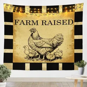 Feelyou Large Size Farm Theme Tapestry Wall Mural, Rustic Farmhouse Checkered Print Chicken Wall Tapestries, Breathable Farm Animal Pattern Lightweight Decor for Living Room, 59W"x82L" Home Accent