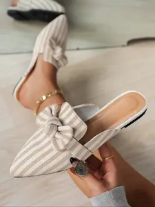 Women's Spring & Fall Casual, Korean Style Pointed Toe Bow Design, Striped Textile Upper, Rubber Sole, All Season Comfort Closed Toe Shoes