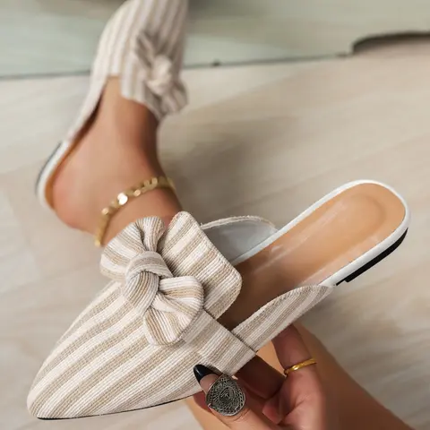 Women's Spring & Fall Casual Flat, Korean Style Pointed Toe Bow Design, Striped Textile Upper, Rubber Sole, All Season Comfort Closed Toe Shoes